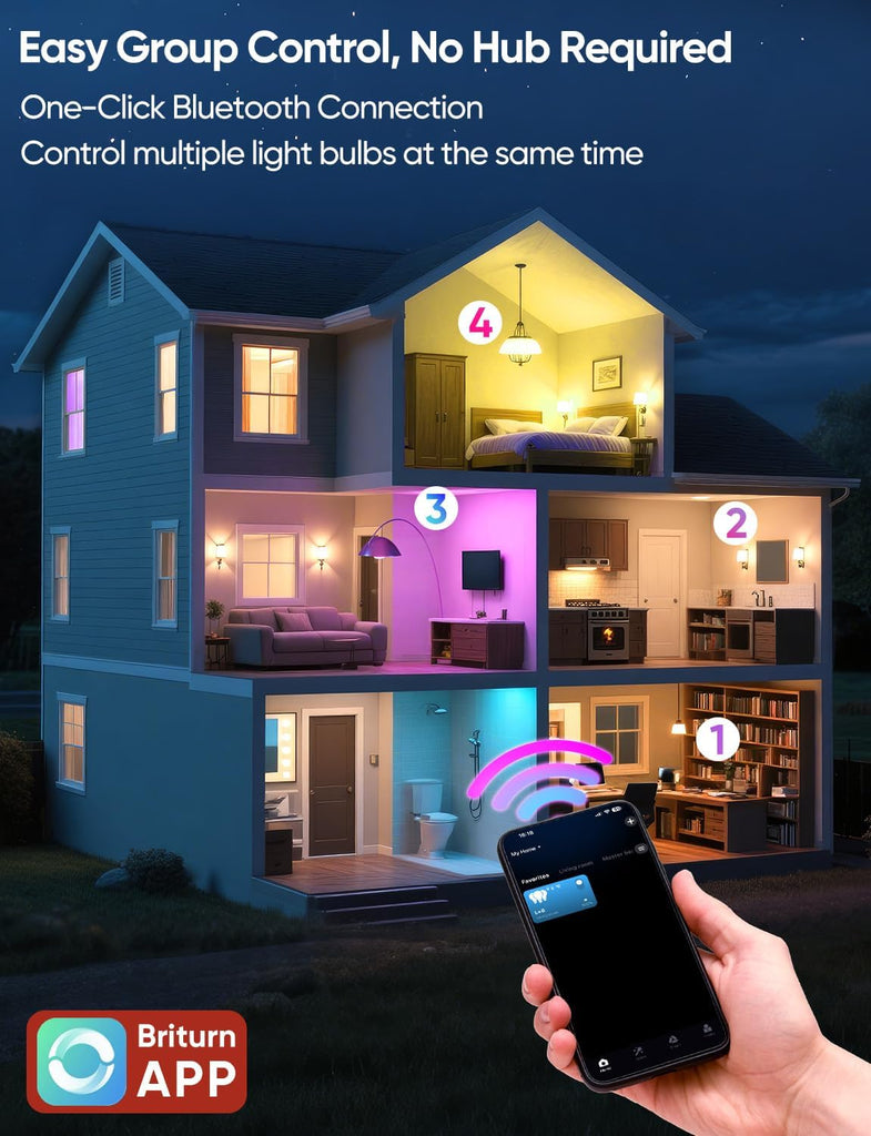 Smart A19 LED Light Bulbs, 60W Equivalent 800LM Color Changing E26 9W Bluetooth Light Bulbs with Remote Control, 16 (2-Pack)