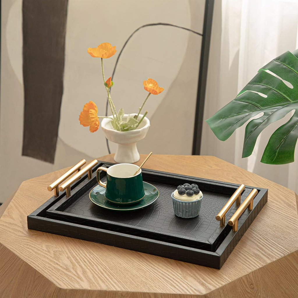 Set of 2 Modern Elegant Large Wood Serving Tray, Rectangle Decorative Tray Ottoman Tay Coffee Table Tray, Black