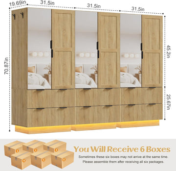 6 Doors Armoire Wardrobe Closet, 94.5"W Armoire with 3 Pegboards | Armoires and Wardrobes with 6 Drawers, 3 Mirrors