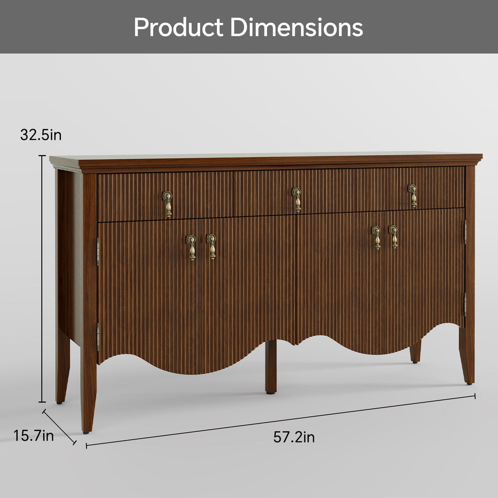 57" Fluted Sideboard Buffet, Retro Storage Cabinet, Walnut