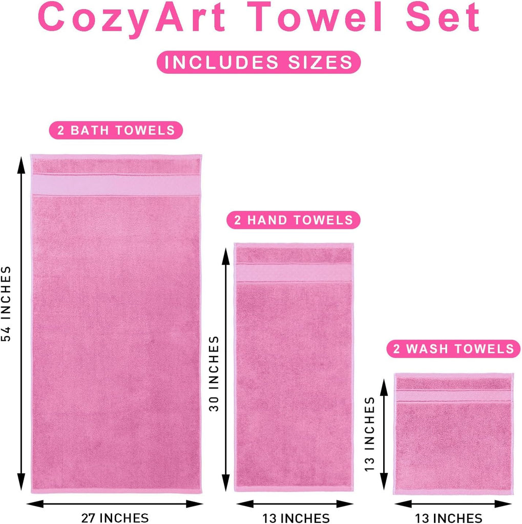 Bath Towel Set 6 PCS, Pink Luxury 100% Turkish Cotton 650GSM | Soft Absorbent Quick Dry, OEKO‐Tex 100 Cert. Zero