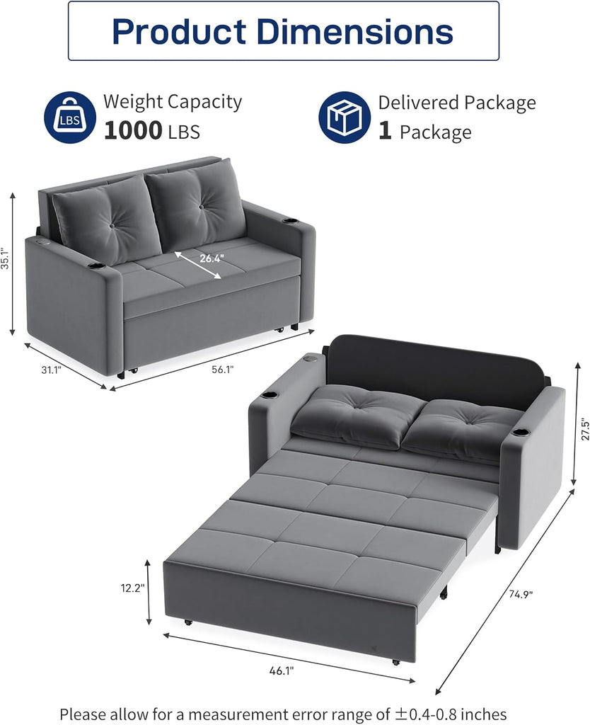 3 in 1 Pull Out Couch, 56 Inch Velvet Sofa Bed, Convertible Sleeper Sofa , Upholstered Loveseat Couch Bed with USB