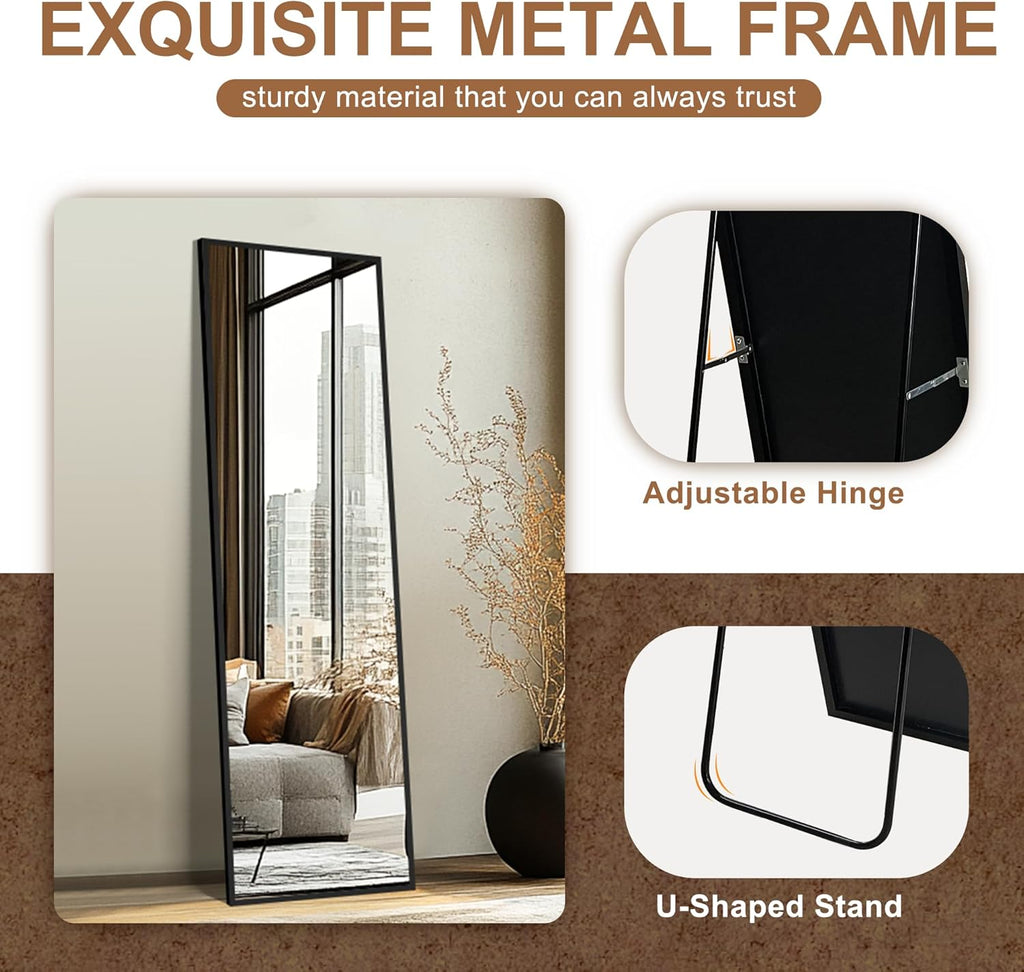 Wall Full Length Mirror,Standing Mirror Full Body,Large Floor for Wall Door Bedroom Bathroom Living Room with Aluminium Frame(with Stand,56x15-Black)