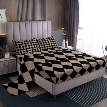 Diamond Plaid Bed Sheets Set Buffalo Check Bed Set Vintage Brown Deep Pocket Fitted Sheet Breathable Soft