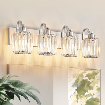 4 Lights Brushed Nickel Vanity Light Crystal Wall Light Bathroom Light Fixtures with Round Shade (Exclude Bulb)