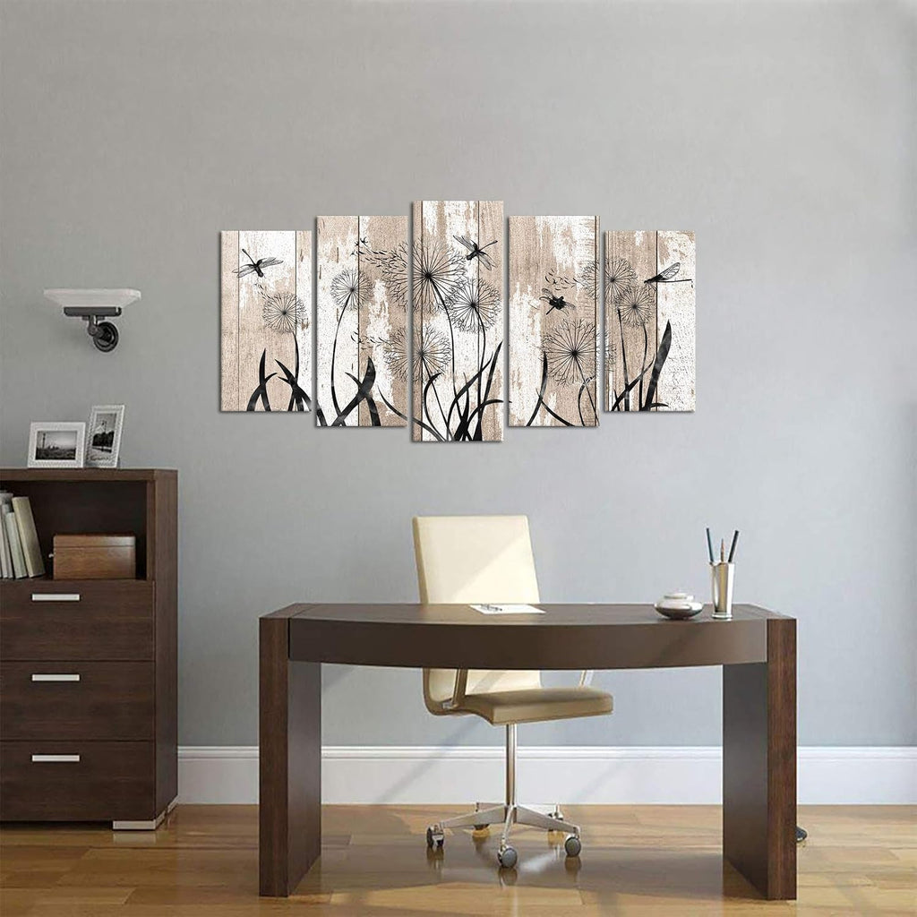 5 Pieces Large Abstract Dragonfly with Dandelion Giclee Print Canvas Wall Art on Rustic Beige Wood Textured Picture