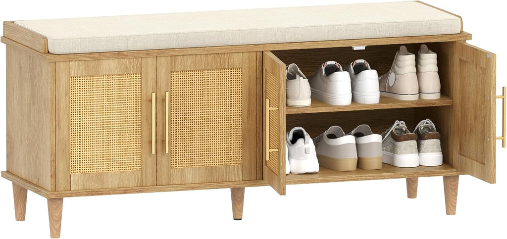 Rattan Shoe Storage Bench with Cushion, 2-Tier Entryway Bench with Adjustable Shelves and 4 Doors, 15" D x 47.2" W x