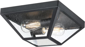 Wyndham 12 Inch Transitional Two-Light Outdoor Flush Mount Ceiling Light, Textured Black Finish, Clear Seeded Glass