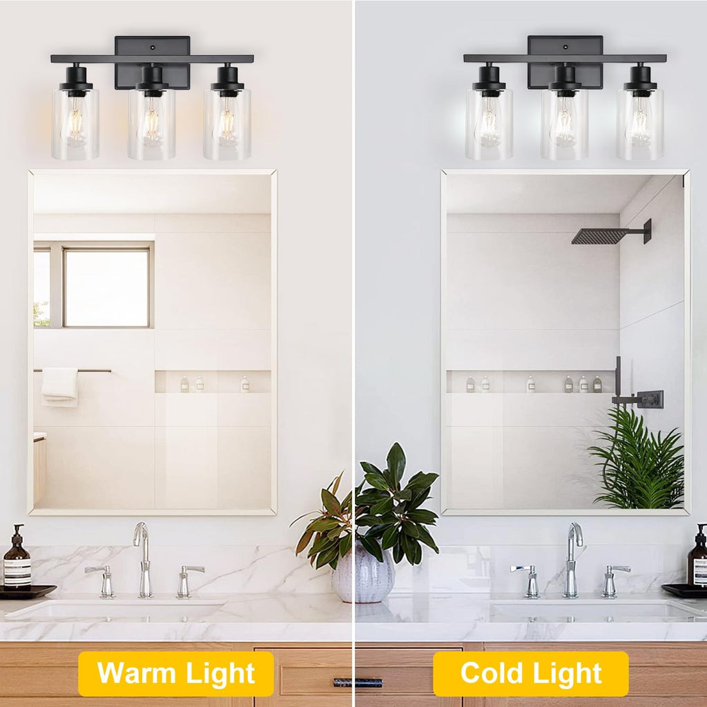Bathroom Vanity Light Fixtures, 3 Light Wall Sconces Lighting with Clear Glass Shade, Black Wall Lights for Mirror