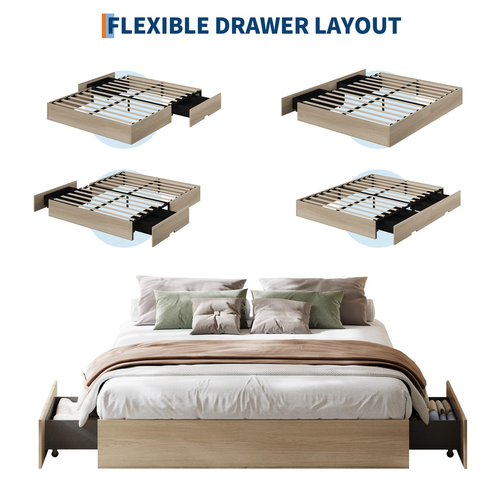 Wood Platform Bed Frame, Full Bed Frame with 2 Drawers