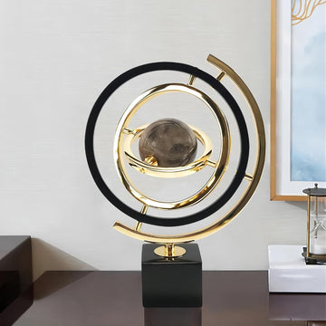 Modern Abstract Art Decoration Metal Globe Ornament Sculpture Decor with Rectangle Stand Black & Gold