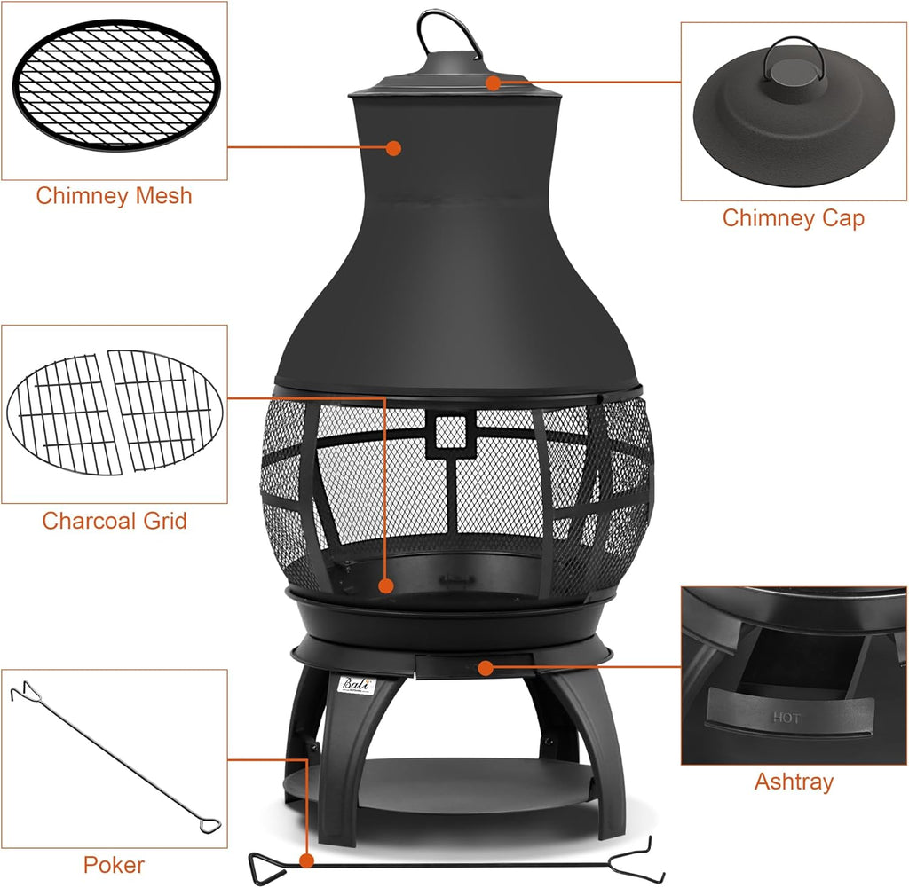 Fire Pit Wood Burning Chiminea Outside Fireplace Patio Small Firepit, Size 17.7" W x 35.6" H, Brown-Black