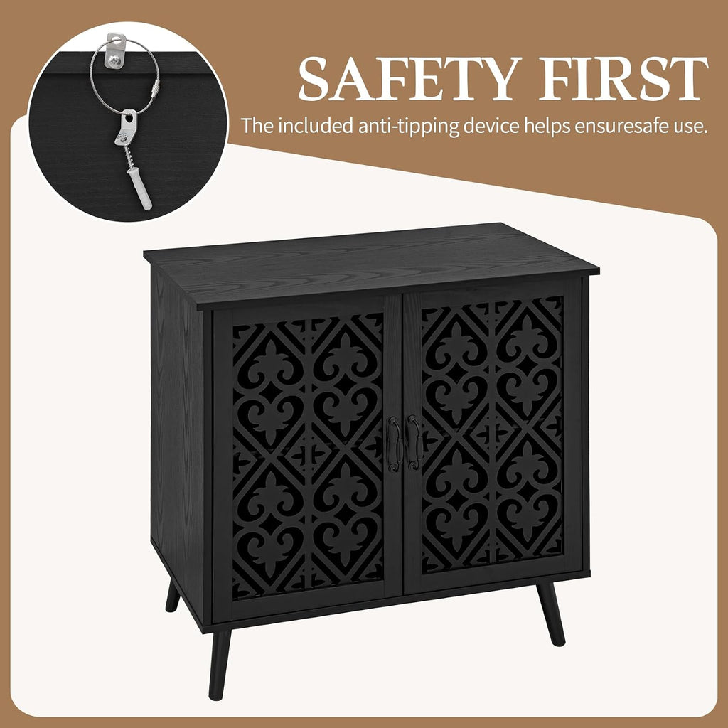 31.5" Small Black Accent Sideboard Buffet Cabinet with Storage, Vintage Storage Cabinet with Carved Wood Doors