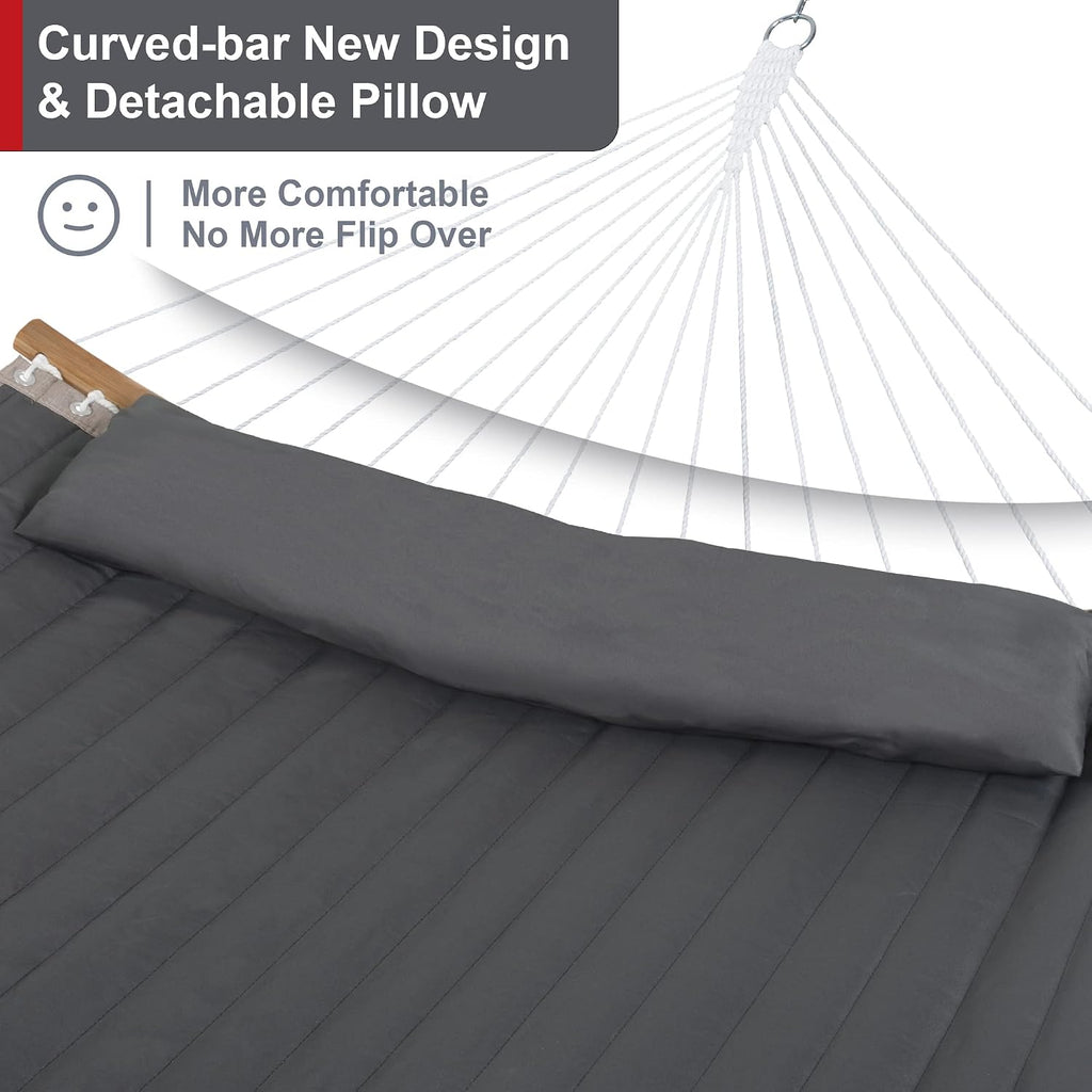 Heavy Duty Hammock with 12FT Stand, Double Hammock, Dark Gray | Large Hammock with Curved Spreader Bar, Pillow
