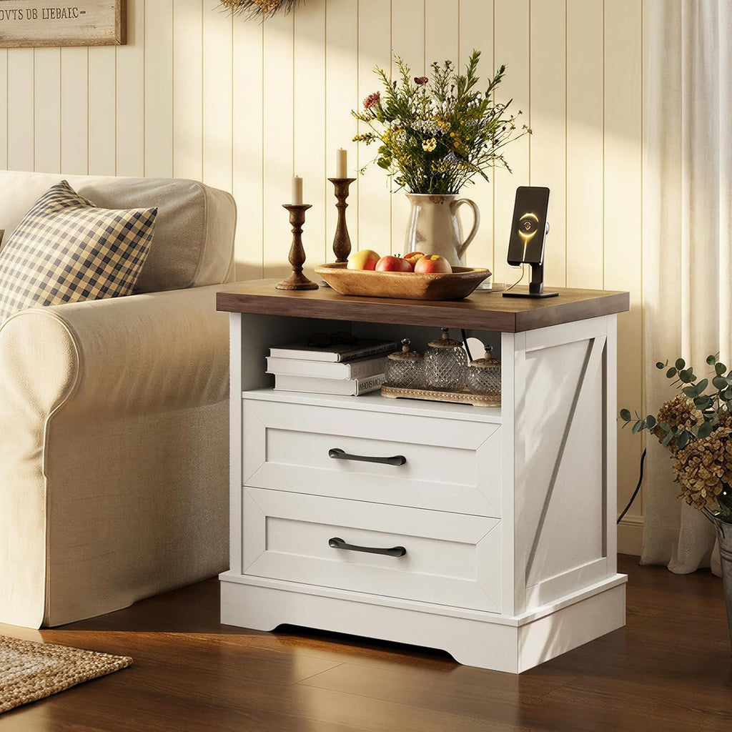 24 Inch Farmhouse Nightstand with Charging Station, Wood Bedside Table with 2 Drawers and Open Shelf, Rustic End