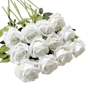 Artificial White Rose Flowers 12 Pcs Blossom Rose Flowers Real Touch Silk Faux Roses with Stem Rose Bouquets