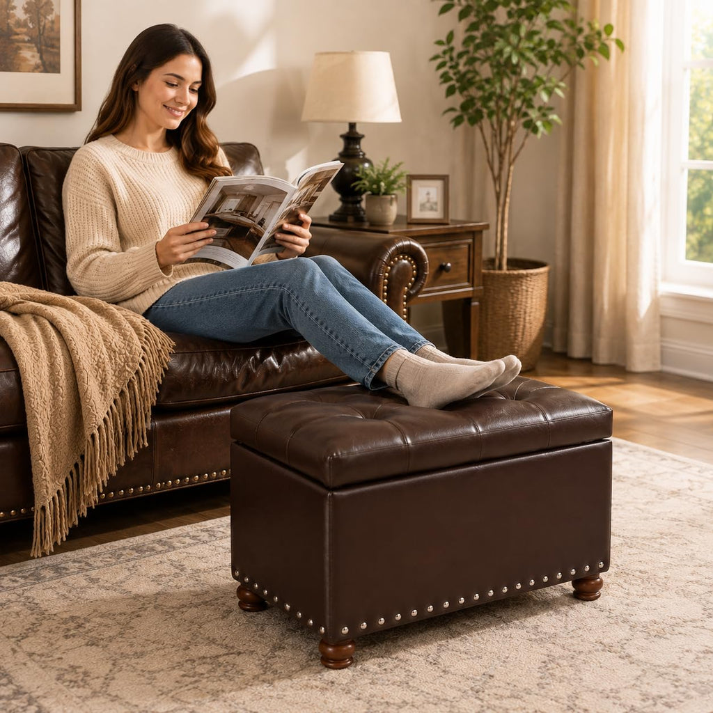 Leather Ottoman with Storage Small Foot Stool with Hinged Lid