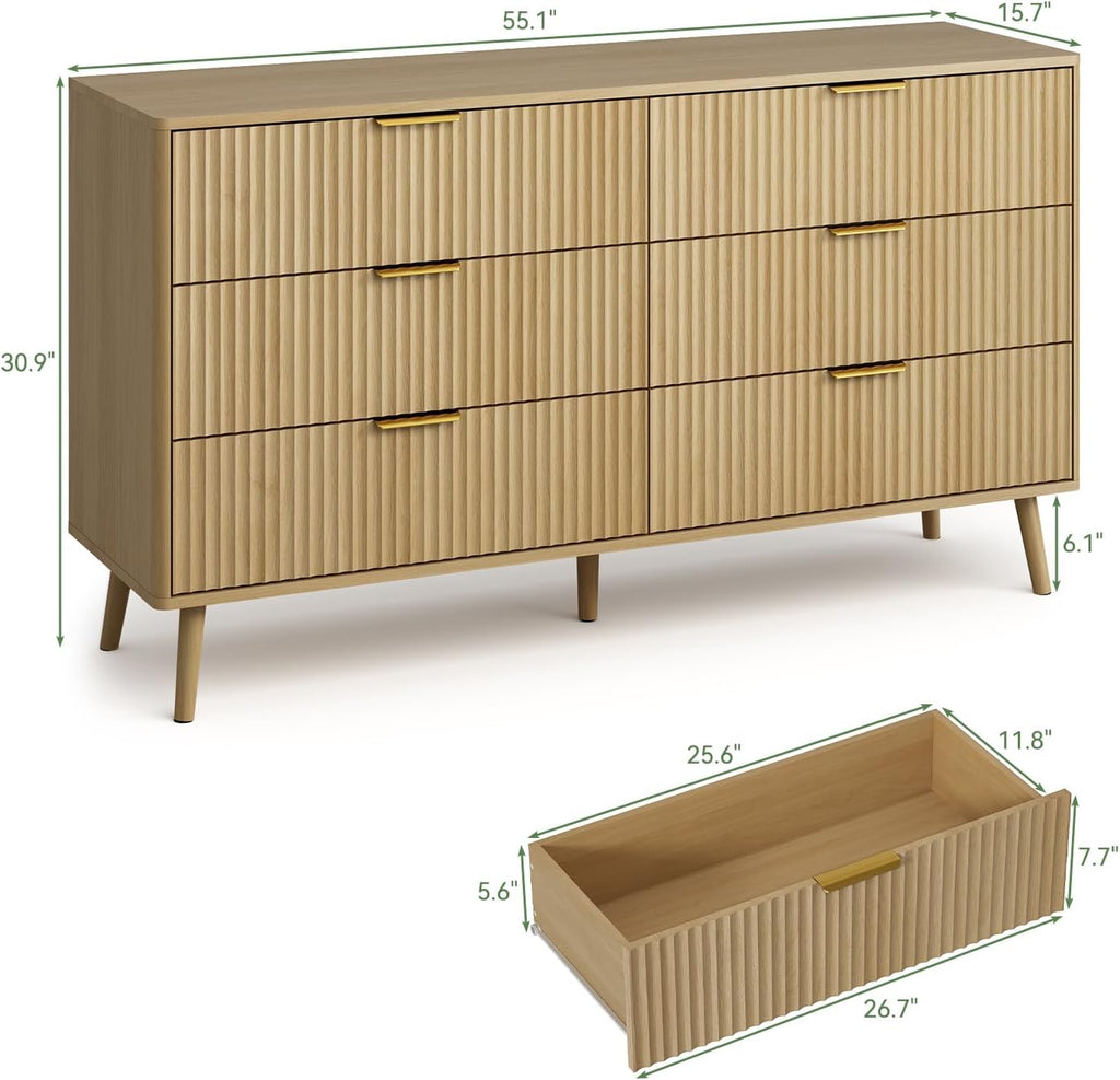 55" Wide Fluted Dresser with 6 Drawer, Modern Chest of Drawers with Curved Profile Design and Metal Handles, Wood