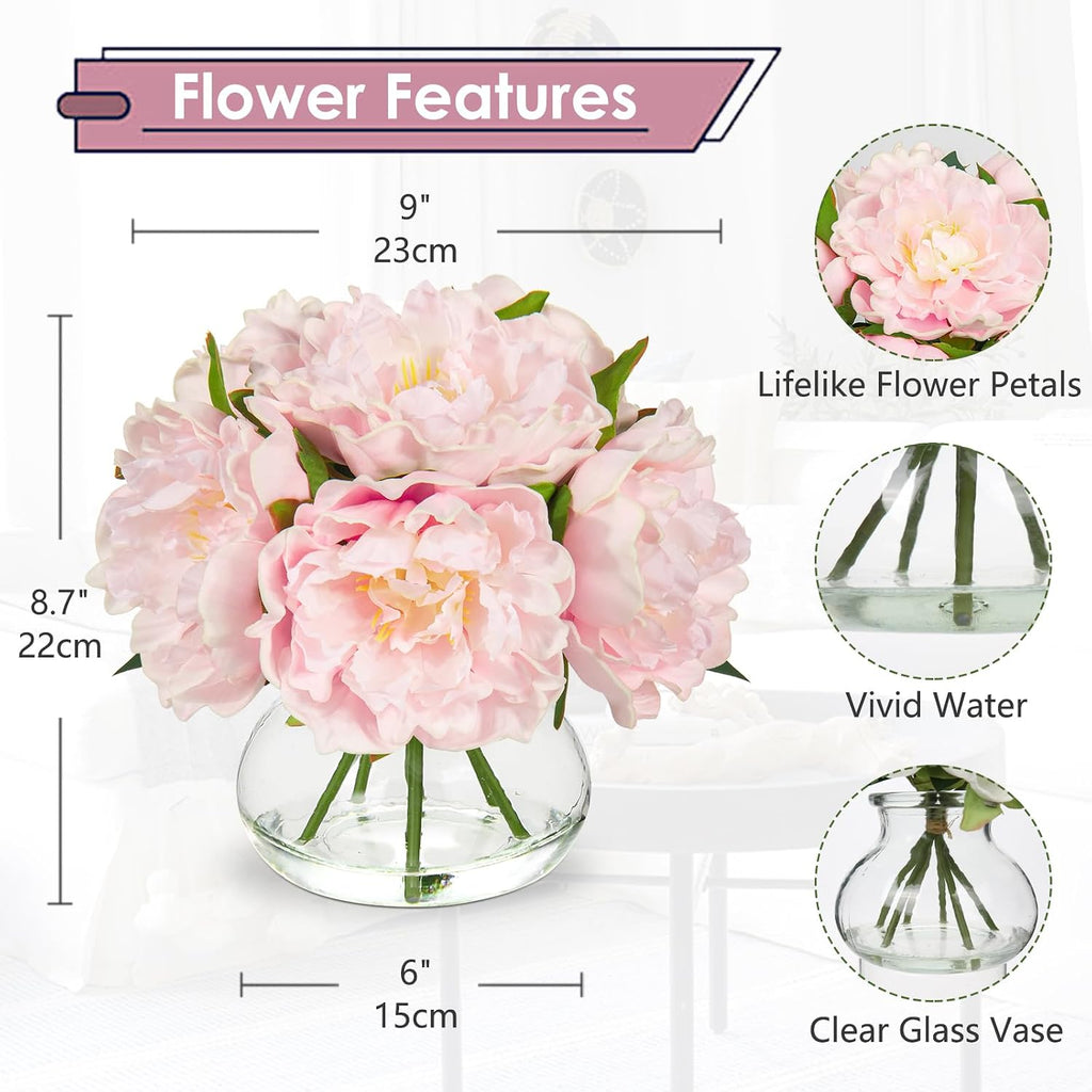 Pink Peonies Artificial Flowers with Vase Faux Flowers Peony Fake Flowers Silk Flower Arrangements in Glass Vase with