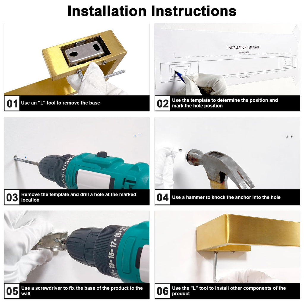 Gold Drill-Mounted Towel Holder for Wall, U Shaped, 1 Pack