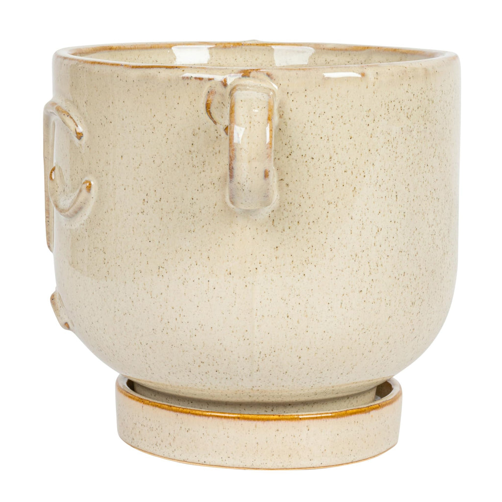 8.25 Inches Stoneware Face Planter with Reactive Glaze, Handles, and Saucer, Holds 5 Inches Pot, Cream Color