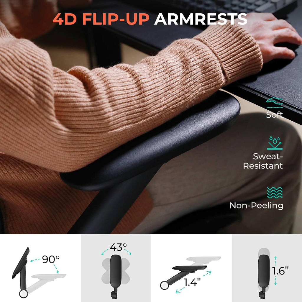 Ergonomic Mesh, Adjustable Lumbar High Back Desk Chair 400lbs, 4D Flip-up Arms, 3-Level Tilt Backrest, 3D Headrest