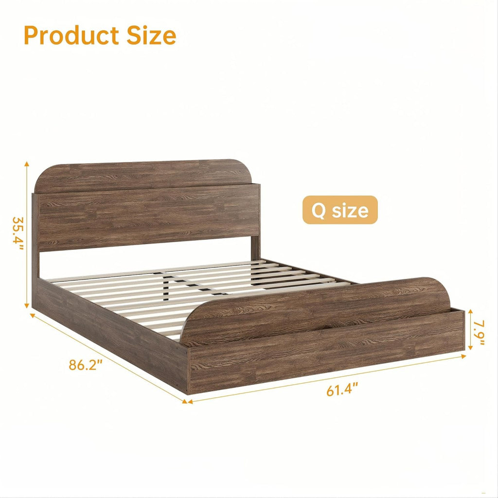 Queen Size Bed Frame, Floor Low Platform Bed, Walnut