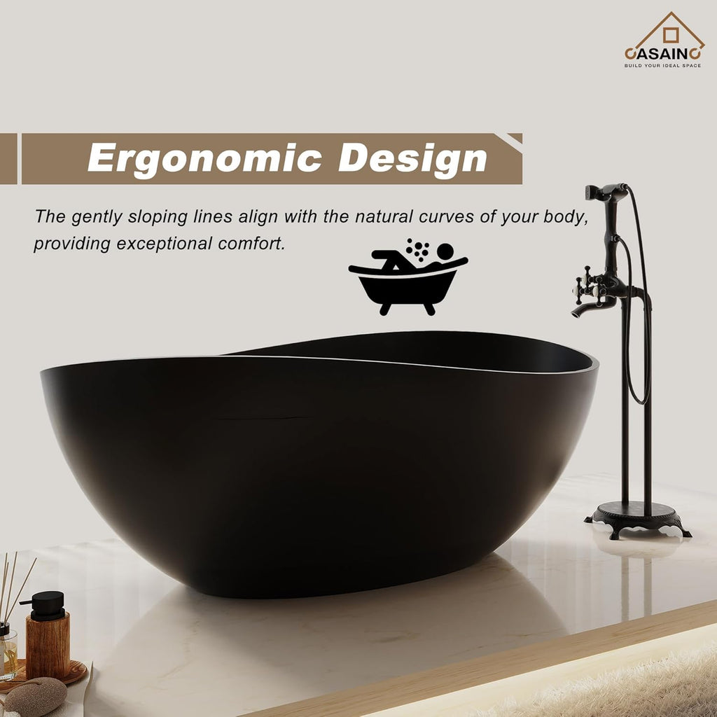63" Free Standing Tub, Matte Black Stone Resin Freestanding Bathtub Solid Surface Soaking Tub with Drain, Drain Hose