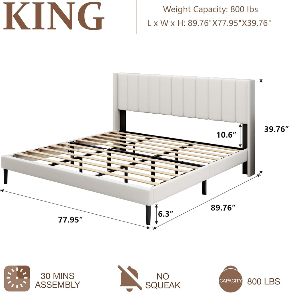King Bed Frame and Headboard,Vertical Channel Tufted Wingback No Box Spring Needed, Mattress Foundation