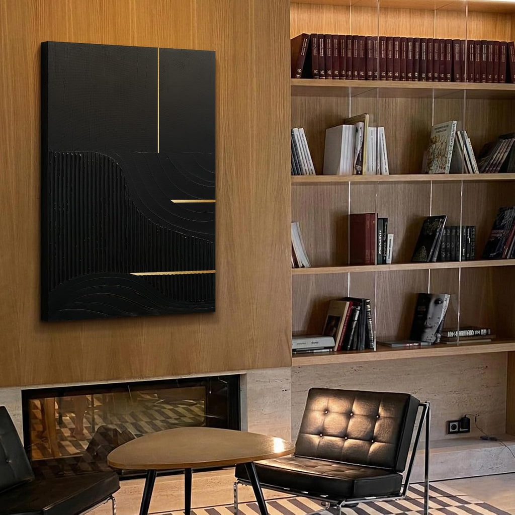 Hand-Painted Black & Gold Abstract Wall Art, Modern Textured Oil Painting | Original Canvas Artwork Bedroom