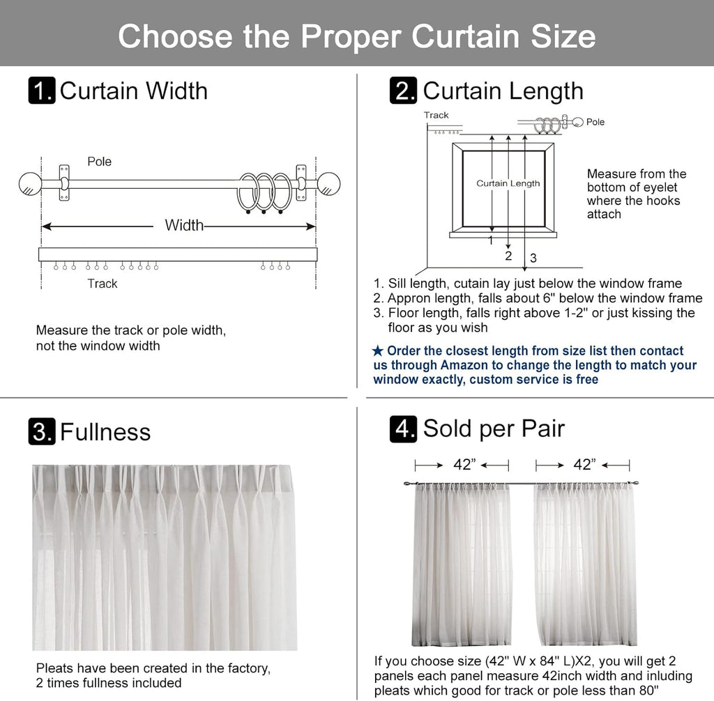 Sheer Curtains, Faux Linen Double Pleated Window Sheer Curtains Panels Drapery for Home, Hotel, Office