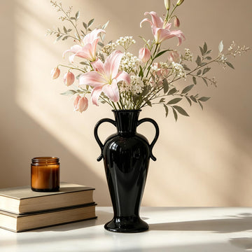Double Handled Vintage Ceramic Vase, Elegant Decorative Flowers Vases for Table Centerpieces Home Bookshelf Mantel