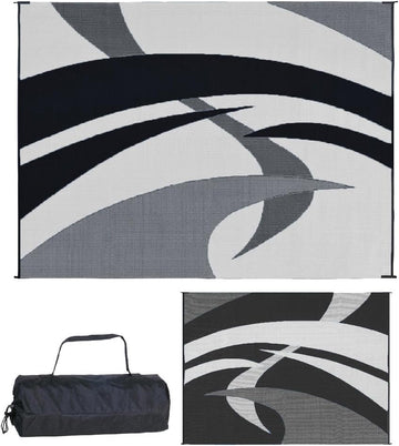 Outdoor Patio / RV Camping Mat - Swirl (Black/White, 9-Feet x 12-Feet)