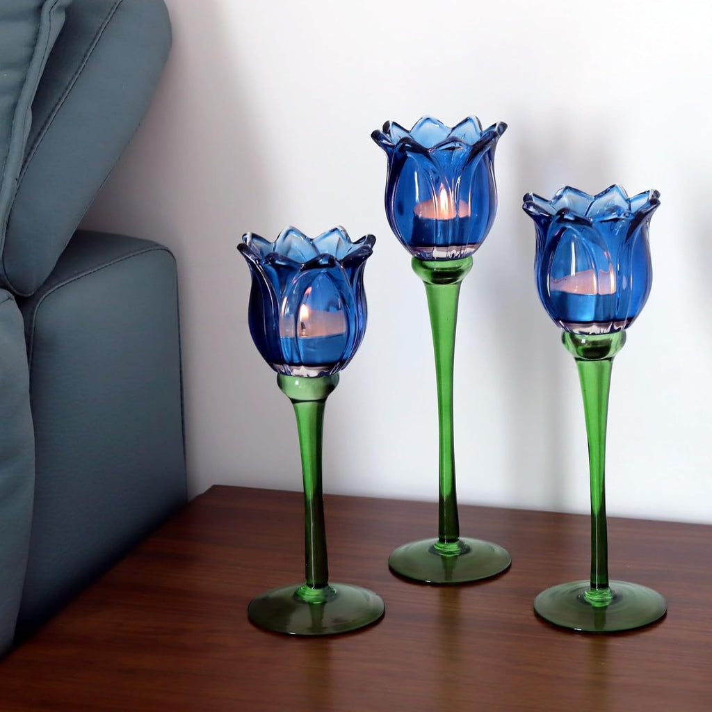 Blue Flower Tealight Candle Holder Set of 3 with Different Heights, Lovely Tulips Tea Light Candle Holder Glass Table