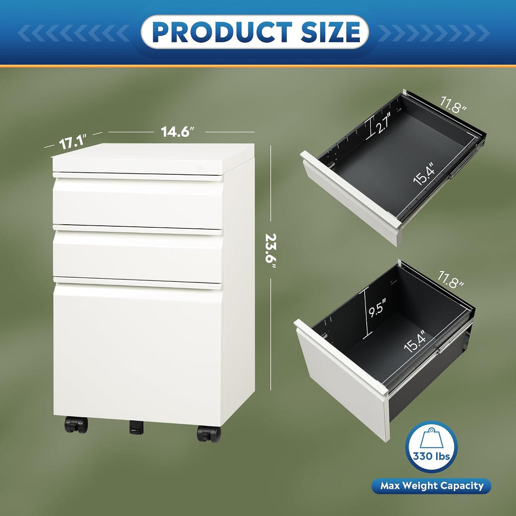 3 Drawer Mobile File Cabinet with Lock, Under Desk Metal Filing Cabinet /Legal/Letter/A4 File, Fully Assembled Except