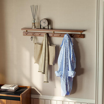 Walnut Wall Hooks with Shelf, Coat Rack Wall Mount, Entryway Hanging Shelf with 9 Brass Hooks for Hats, Clothes