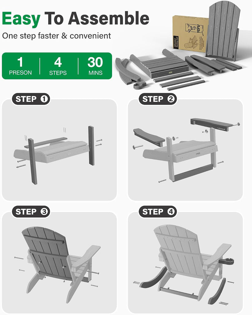 Adirondack Rocking Chairs, Adirondack Chair with Footrest, Grey | 5- Level Adjustable Backrest, Retractable Ottoman &