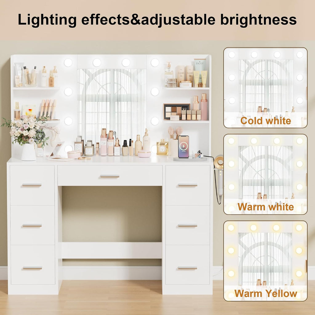 Makeup Vanity Desk with Mirror and 10 Lights, Table with 7 Drawers and 4 Open Shelves, 3 Color Modes and Adjustable
