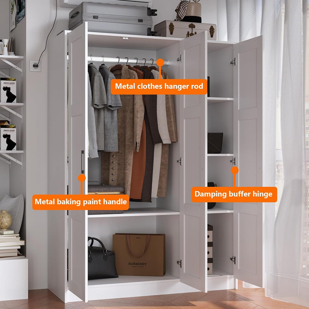 3 Doors Wooden Wardrobe Closet Armoire, White Storage Cabinet for Hanging Clothes, Bedroom Large Capacity