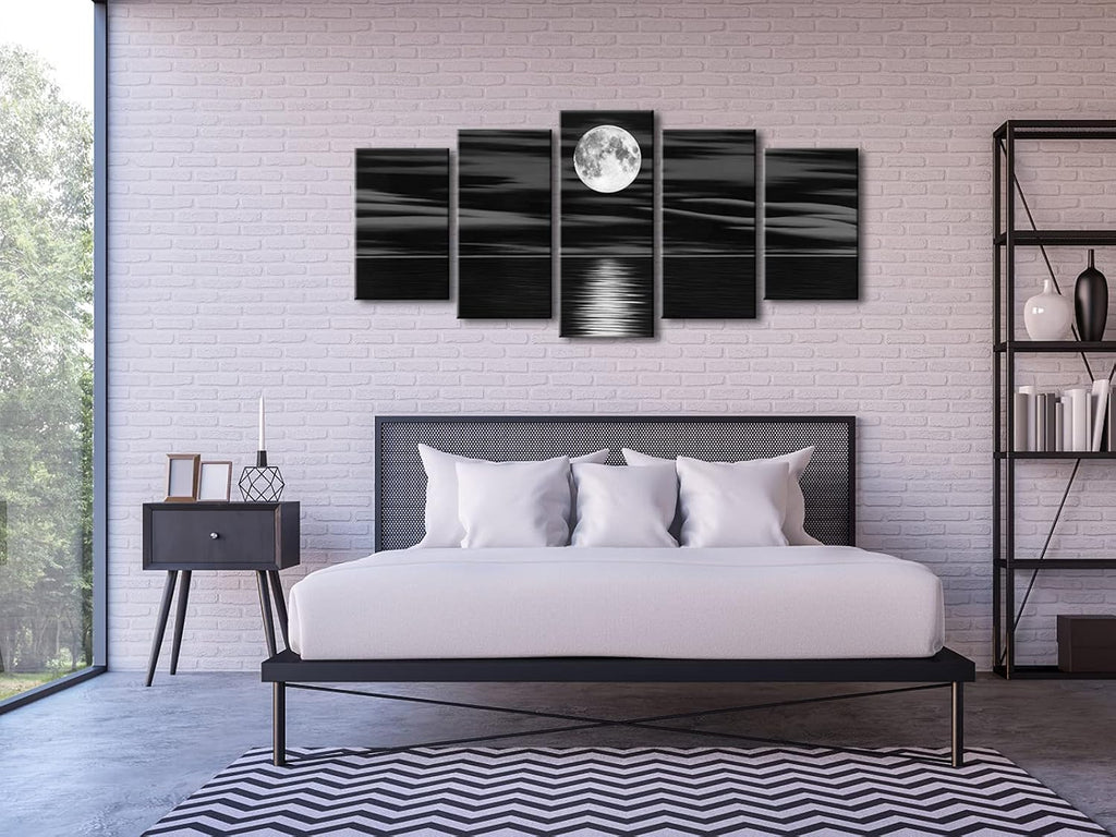 Sea White Full Moon in Night Canvas Print Wall Art Black and White Ocean Beach Bedroom Kitchen Home Decorations 5