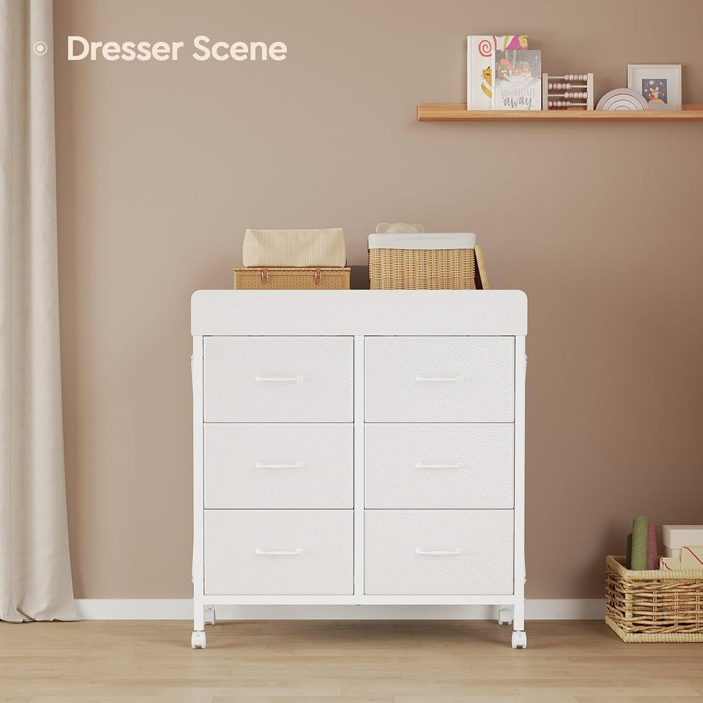 Changing Table Dresser, 6 Fabric Drawers, Mobile Storage, White | Changing Table,Waterproof Diaper pad & Safety