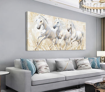 Horses Canvas Wall Art - Large Running Wild Horses Pictures Animal Painting Prints Inspirational White Elegant
