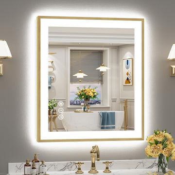 28x32 Gold LED Bathroom Mirror with Lights, Lighted Vanity Mirror
