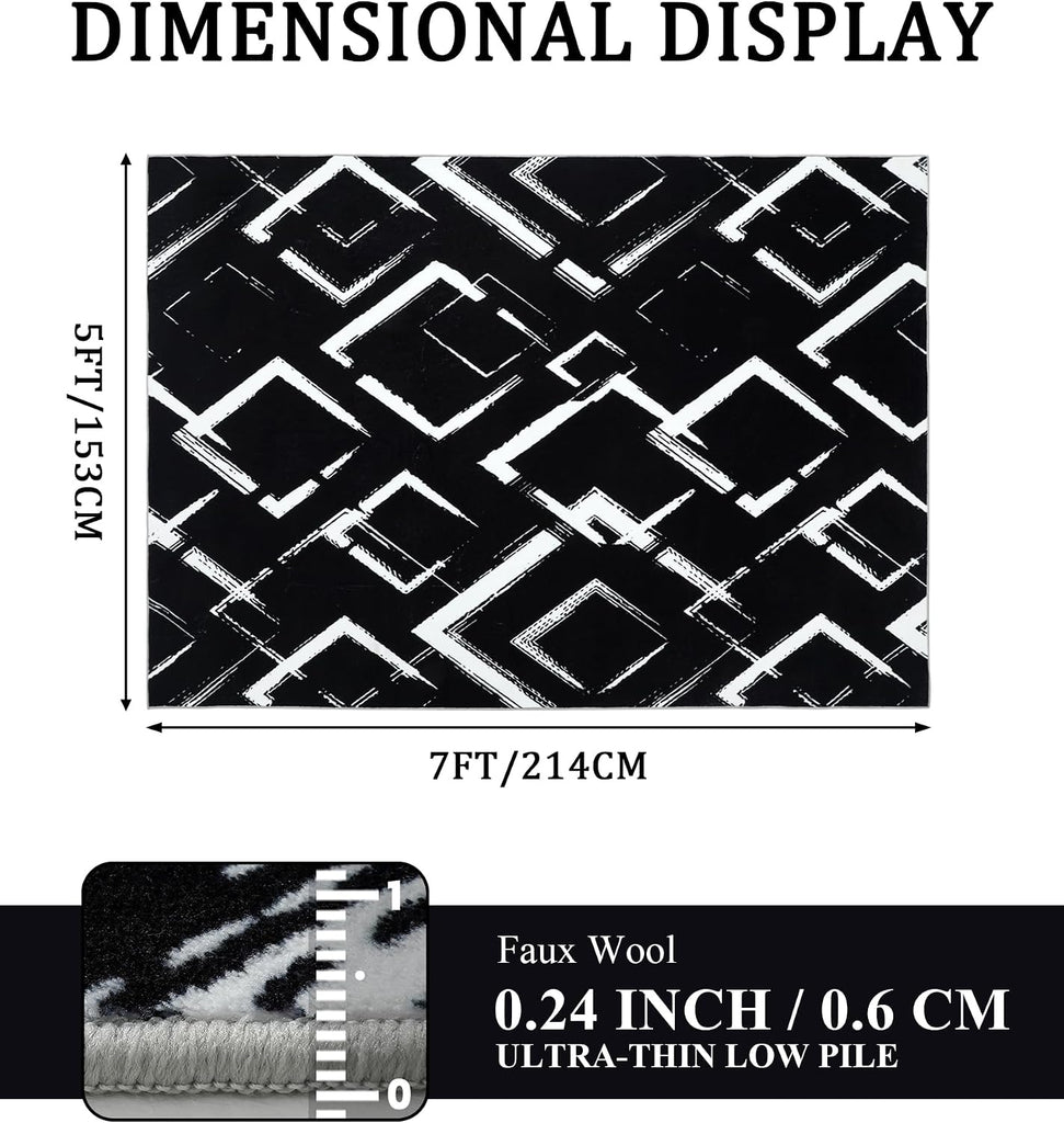 Black Modern Geometric Area Rug 8x10, Black and White Rug with Abstract Diamond Patterns,Non-Shedding Washable Rugs