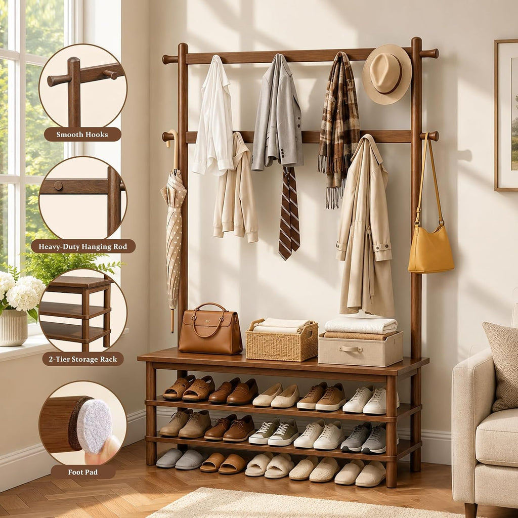 Hall Tree with Shoe Storage Bench, 3-in-1 Entryway Coat Rack with Bench, 11 Hooks, Freestanding Wooden Entryway