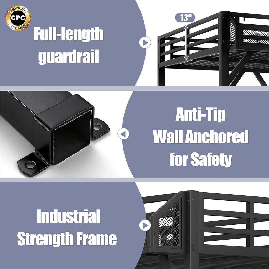Queen Loft Bed Frame with Storage Stairs, Beside Shelf & Wardrobe, Metal Queen Loft Bed with LED Light & USB Ports