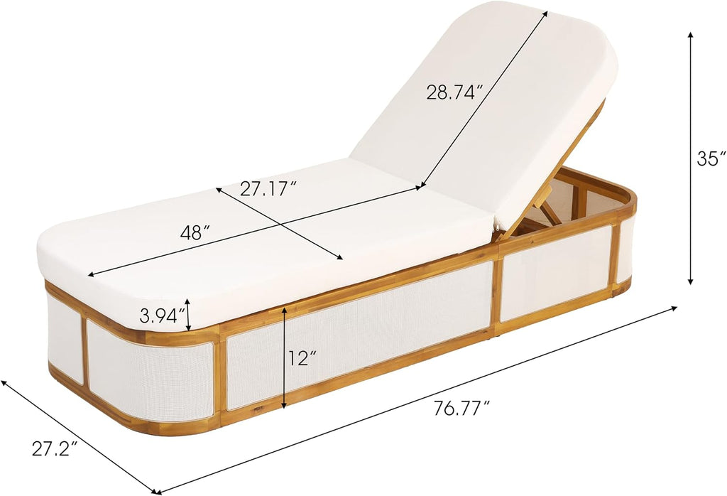 Teak Finish Acacia Wood Chaise Lounge Set with Cream 2-Fold Cushion, Outdoor Recliner Chair with 3-Position