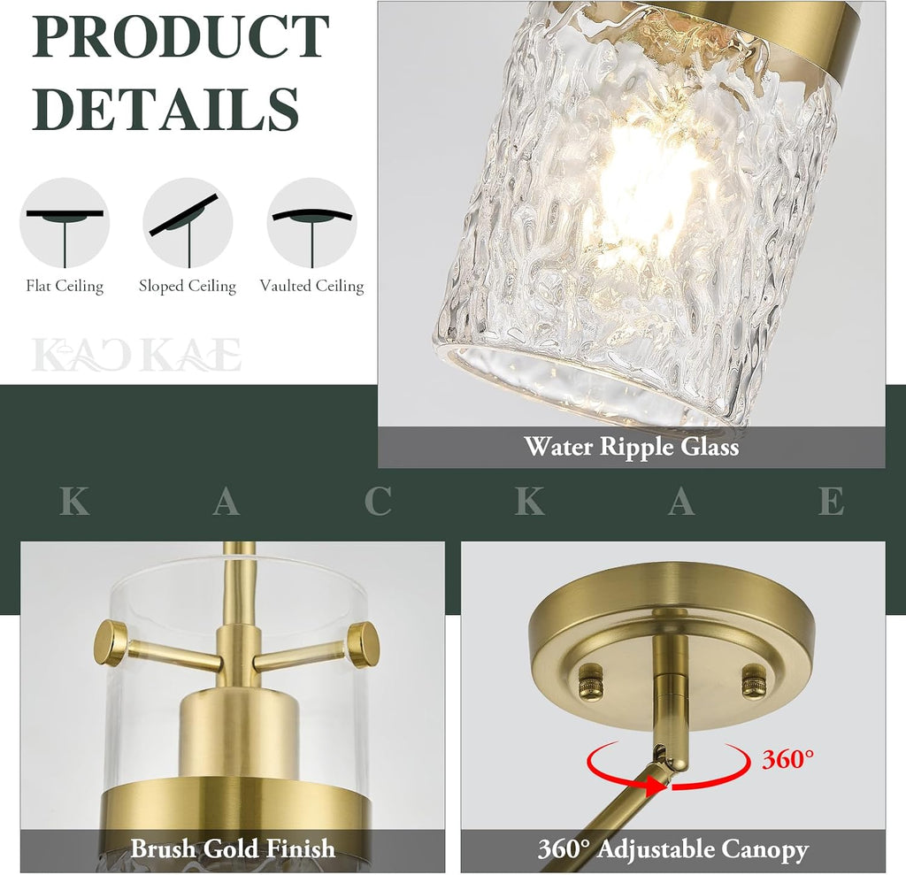 Glass Pendant Light Kitchen Island Brush Gold Modern Pendant Light Fixture with Water Ripple Glass 1-Light Mini
