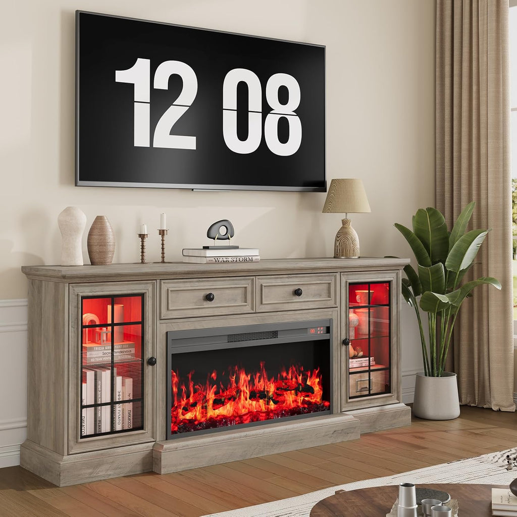 Fireplace TV Stand Up to 80" TVs, 70'' Modern Entertainment Center with 36" Electric Fireplace & LED Lights