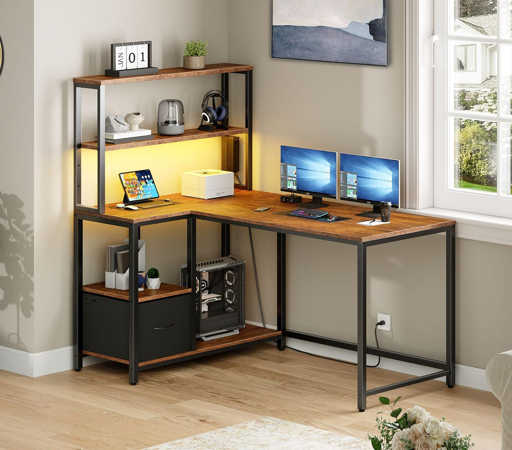 L Shaped Gaming Desk, 46 Inch Reversible Computer Desk with LED Light & Power Outlet